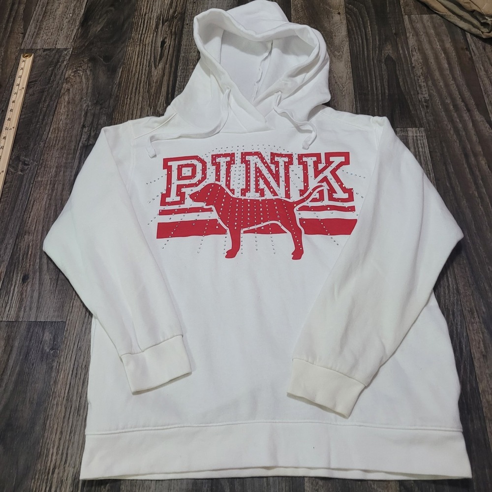 Victoria's Secret PINK Bling Dog Hoodie Sz Medium Longsleeve White Red